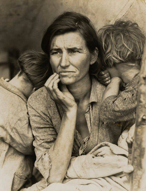 Dorothea Lange's Migrant Mother, Nipomo, California (1936), gelatin silver print, printed in the 1950s. Wolf's print shows the mother's thumb, which Lange edited out of later prints.